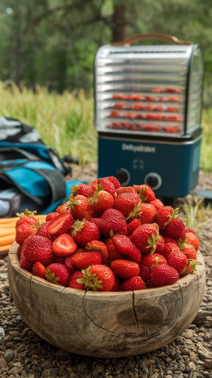 Dried strawberries in a wooden bowl with camping gear in the background.